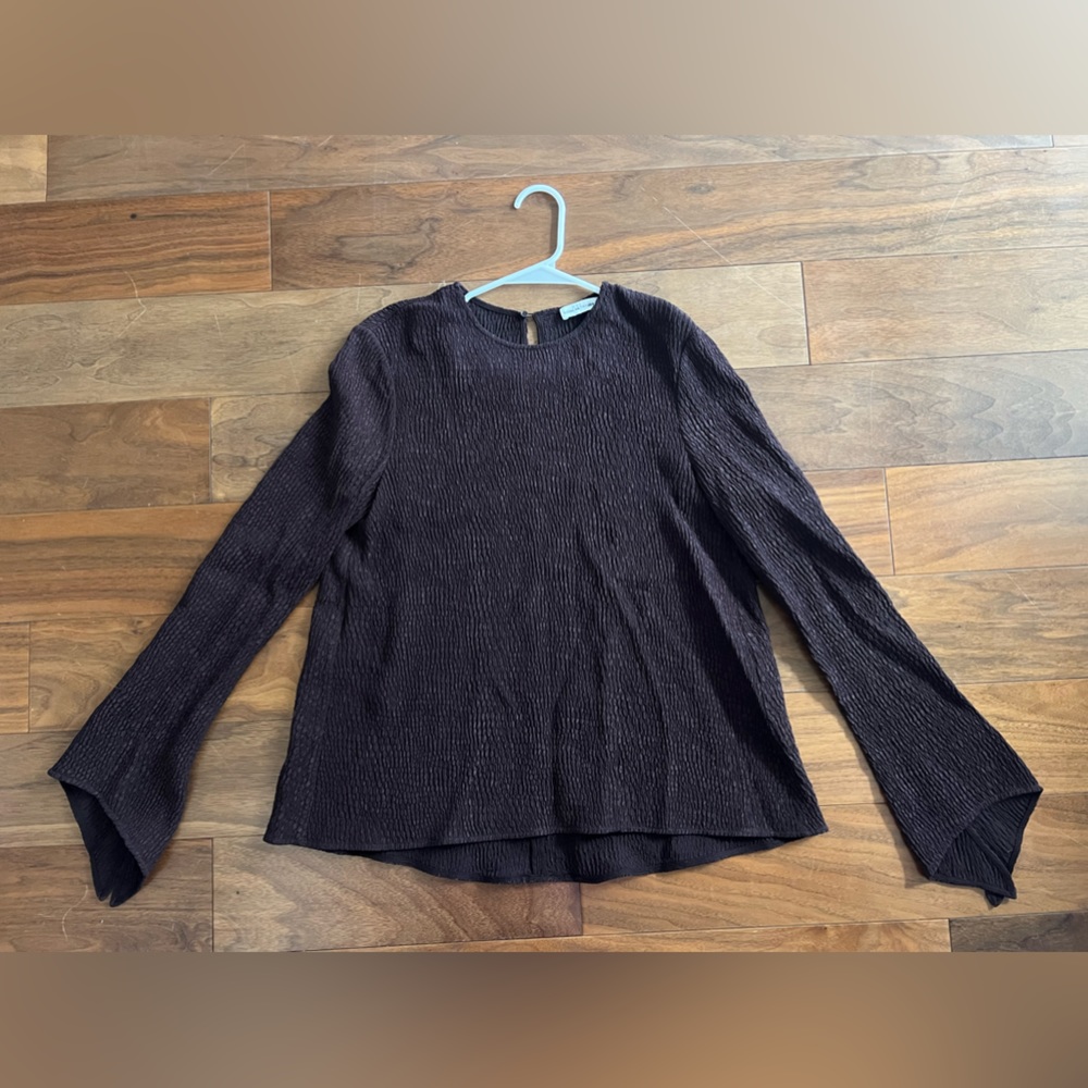 Scanlan Theodore Crepe Textured Eggplant Flared Sleeve Blouse